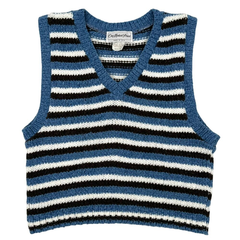 American Vintage Striped Chenille Sweater Vest Blue Brown M Preppy Academic